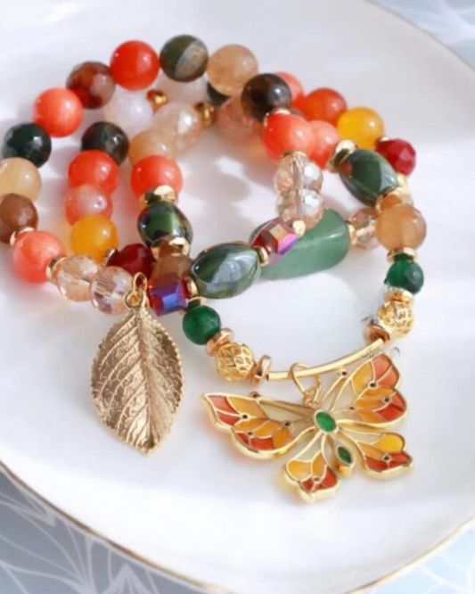 Mixed Beads Orange Leaf and Butterfly Bracelet