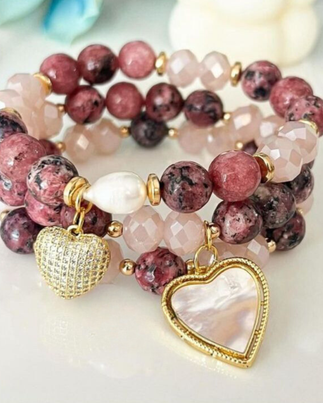 Rose Quartz Bracelet with Marbelized Dark Pink Hearts